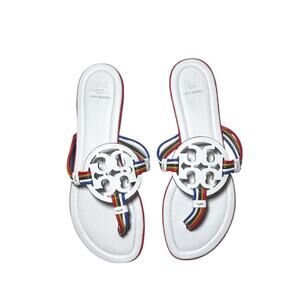 Tory Burch Mignon Miller Ivory Rainbow Leather Logo Thong Flat Sandals Size 9